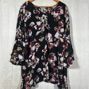 Catherines Top 3X Black Tan Red Abstract Floral Sheer Ruffle Flare Sleeve